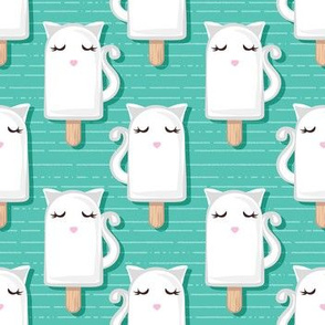 Small scale // Kawaii Kitty Ice Creams // white cat popsicles on green background