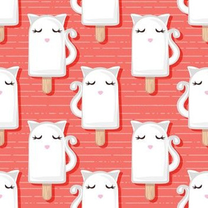 Small scale // Kawaii Kitty Ice Creams // white cat popsicles on orange coral background