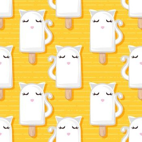 Small scale // Kawaii Kitty Ice Creams // white cat popsicles on yellow background