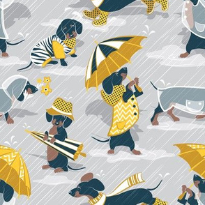 Small scale // Ready For a Rainy Walk // light grey background navy blue dachshunds dogs with yellow and transparent rain coats and umbrellas 