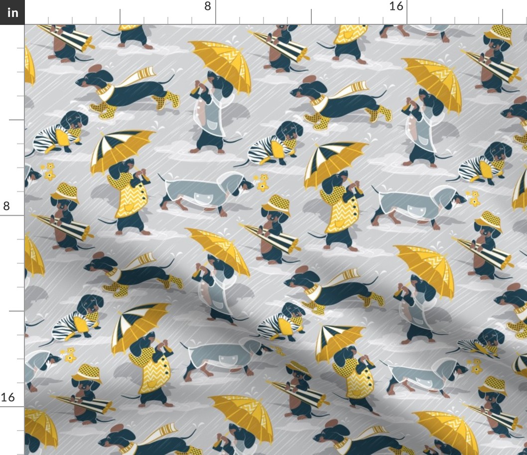 Small scale // Ready For a Rainy Walk // light grey background navy blue dachshunds dogs with yellow and transparent rain coats and umbrellas 