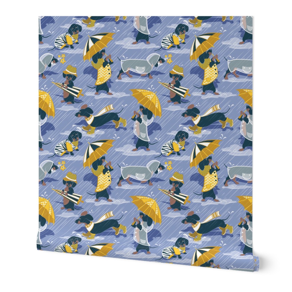 Small scale // Ready For a Rainy Walk // indigo blue background navy blue dachshunds dogs with yellow and transparent rain coats and umbrellas 