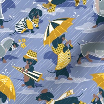 Small scale // Ready For a Rainy Walk // indigo blue background navy blue dachshunds dogs with yellow and transparent rain coats and umbrellas 