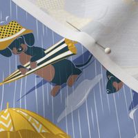 Small scale // Ready For a Rainy Walk // indigo blue background navy blue dachshunds dogs with yellow and transparent rain coats and umbrellas 