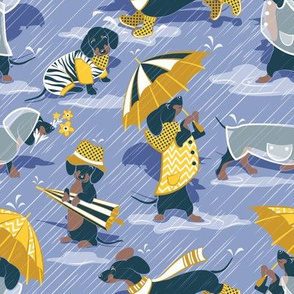 Small scale // Ready For a Rainy Walk // indigo blue background navy blue dachshunds dogs with yellow and transparent rain coats and umbrellas 