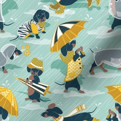 Small scale // Ready For a Rainy Walk // aqua background navy blue dachshunds dogs with yellow and transparent rain coats and umbrellas 