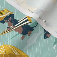 Small scale // Ready For a Rainy Walk // aqua background navy blue dachshunds dogs with yellow and transparent rain coats and umbrellas 