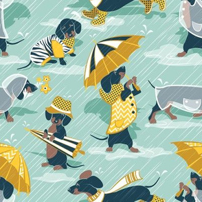 Small scale // Ready For a Rainy Walk // aqua background navy blue dachshunds dogs with yellow and transparent rain coats and umbrellas 