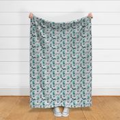 Small scale // Ready For a Rainy Walk // light grey background navy blue dachshunds dogs with teal and transparent rain coats and umbrellas 