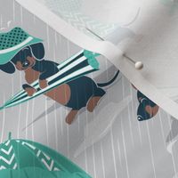 Small scale // Ready For a Rainy Walk // light grey background navy blue dachshunds dogs with teal and transparent rain coats and umbrellas 