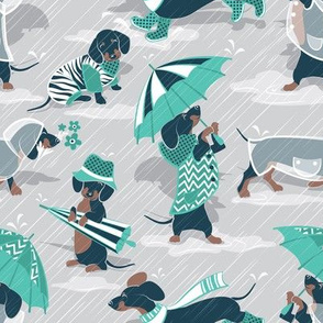 Small scale // Ready For a Rainy Walk // light grey background navy blue dachshunds dogs with teal and transparent rain coats and umbrellas 