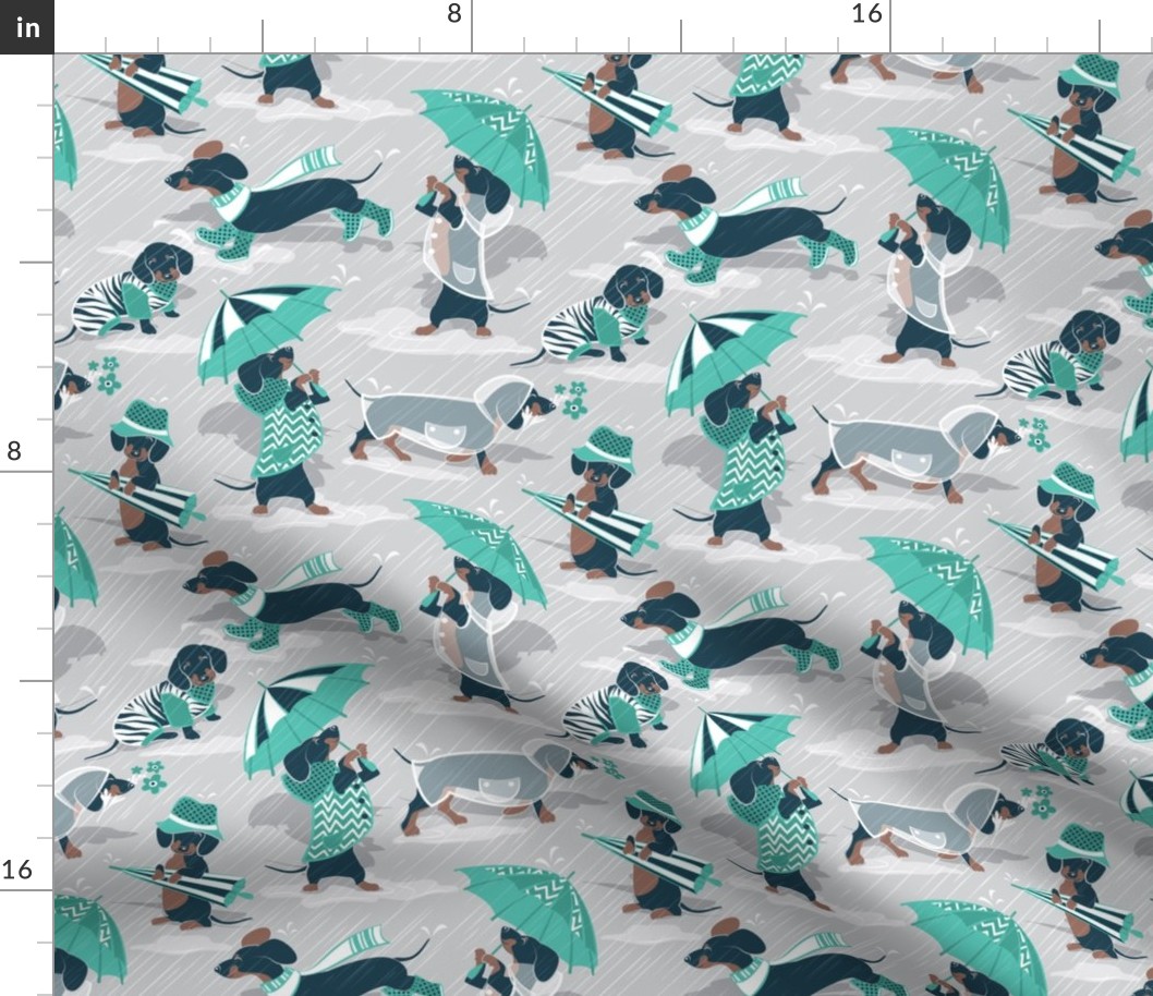 Small scale // Ready For a Rainy Walk // light grey background navy blue dachshunds dogs with teal and transparent rain coats and umbrellas 