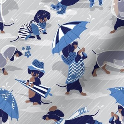 Small scale // Ready For a Rainy Walk // light grey background navy blue dachshunds dogs with blue and transparent rain coats and umbrellas 