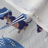 Small scale // Ready For a Rainy Walk // light grey background navy blue dachshunds dogs with blue and transparent rain coats and umbrellas 