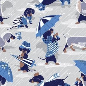 Small scale // Ready For a Rainy Walk // light grey background navy blue dachshunds dogs with blue and transparent rain coats and umbrellas 