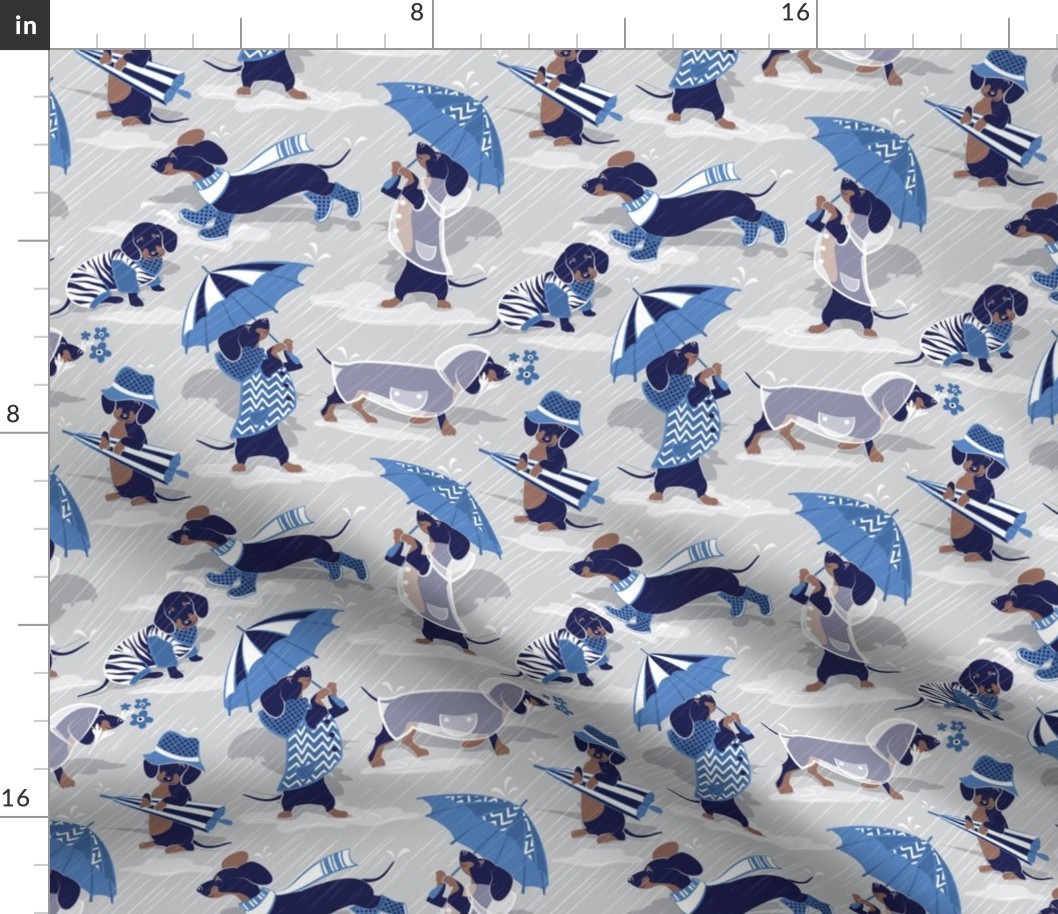 Small scale // Ready For a Rainy Walk // light grey background navy blue dachshunds dogs with blue and transparent rain coats and umbrellas 