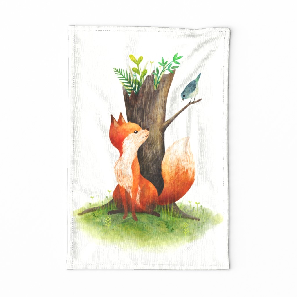 Fox and bird tea towel