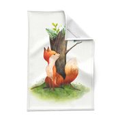 Fox and bird tea towel