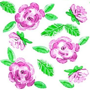 Shabby Pink Rose / Bright Pink & Green / watercolor  