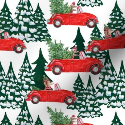 7"  Holiday Christmas Tree Car and Dachshund in Woodland,christmas fabric,dachshund fabric 