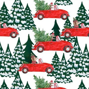 7"  Holiday Christmas Tree Car and Dachshund in Woodland,christmas fabric,dachshund fabric 