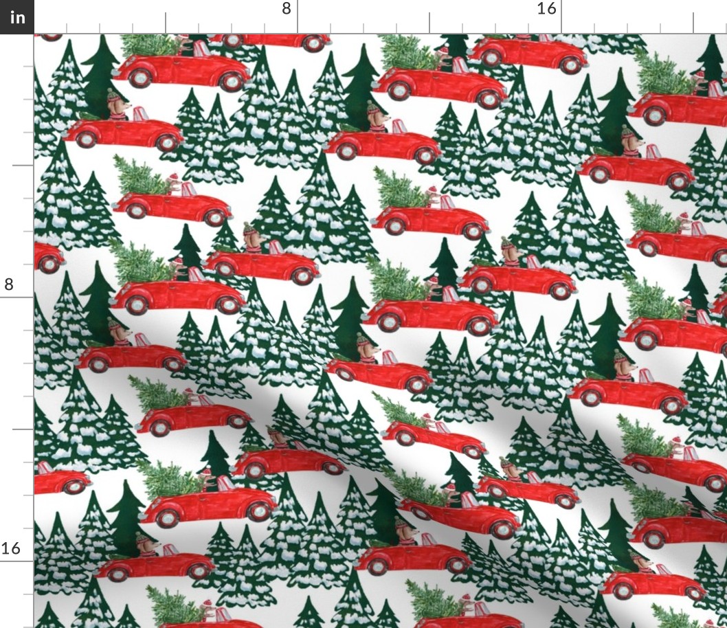 7"  Holiday Christmas Tree Car and Dachshund in Woodland,christmas fabric,dachshund fabric 