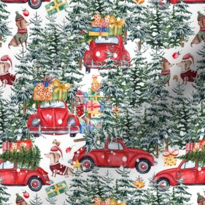 7"  Holiday Christmas Tree Car and Dachshund in Woodland,christmas fabric,dachshund fabric 1