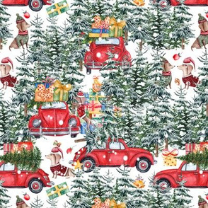 7"  Holiday Christmas Tree Car and Dachshund in Woodland,christmas fabric,dachshund fabric 1
