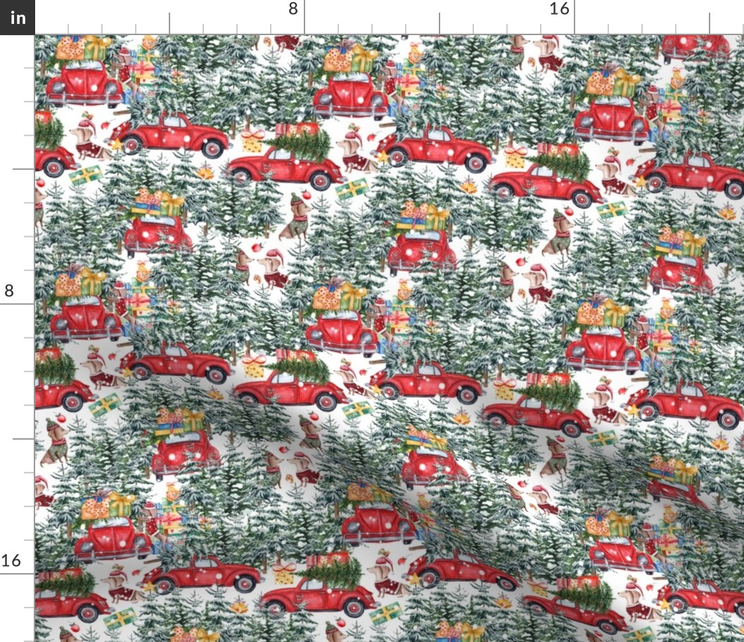 7"  Holiday Christmas Tree Car and Dachshund in Woodland,christmas fabric,dachshund fabric 1