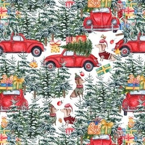 7"  Holiday Christmas Tree Car and Dachshund in Woodland,christmas fabric,dachshund fabric 3