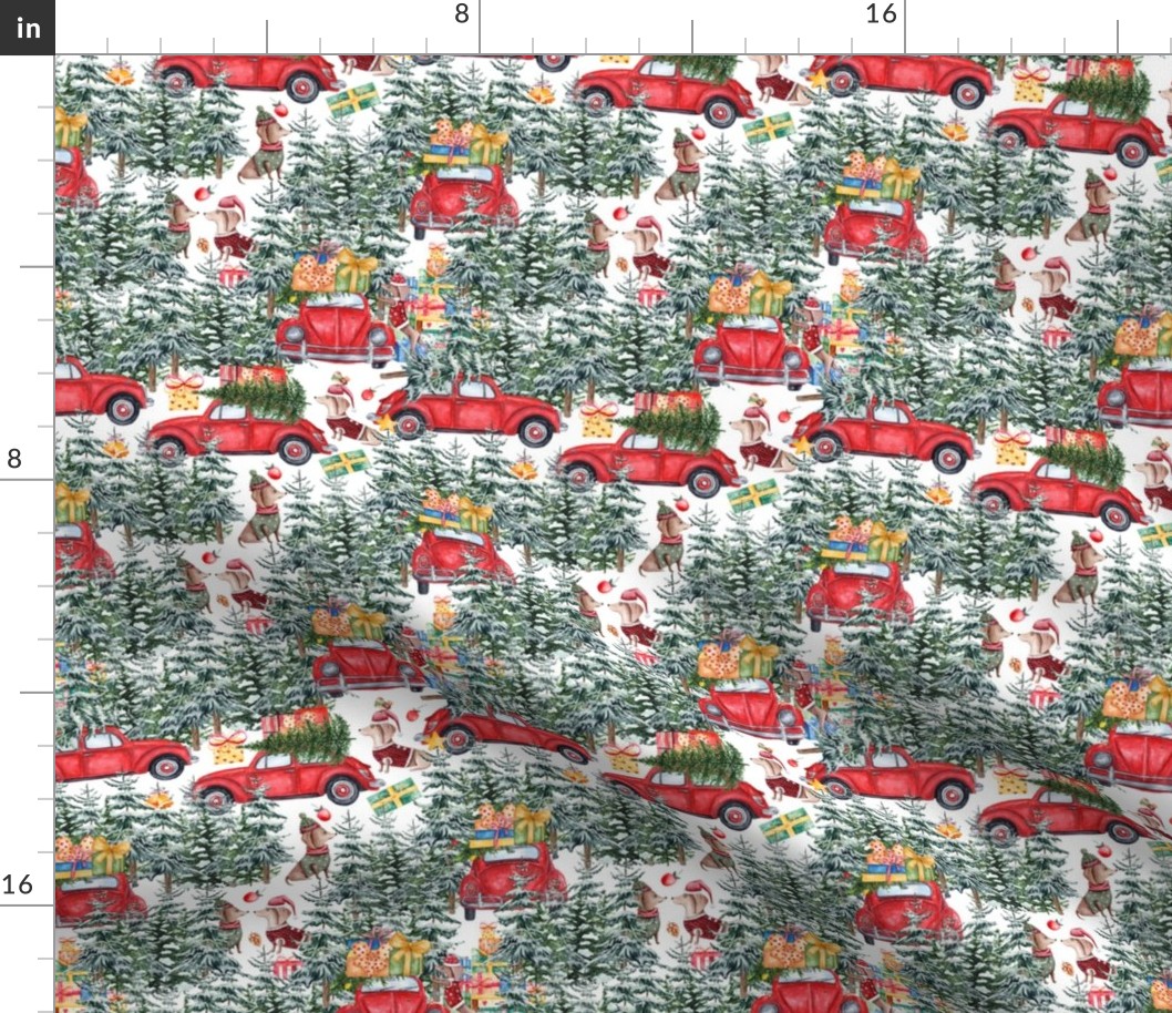 7"  Holiday Christmas Tree Car and Dachshund in Woodland,christmas fabric,dachshund fabric 3