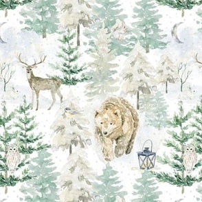 7" snowy winter woodland with forest animals 