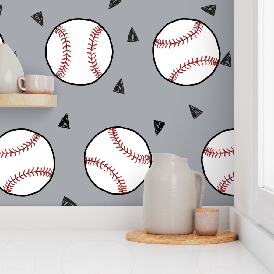 SMALL - baseball fabric // sports baseball american themed fabric - grey