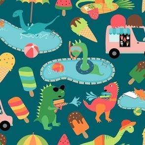 Dino summer pool days ice cream truck pattern green