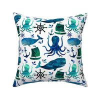 Watercolor Nautical Whale Octopus Ocean - Small