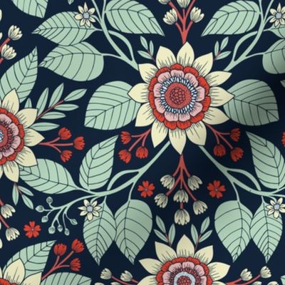 Red, Turquoise, Cream & Navy Blue Floral Pattern