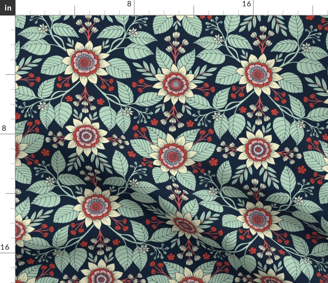 Red, Turquoise, Cream & Navy Blue Floral Pattern