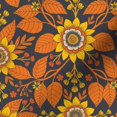 Yellow, Orange, Cream & Steel Blue Floral Pattern
