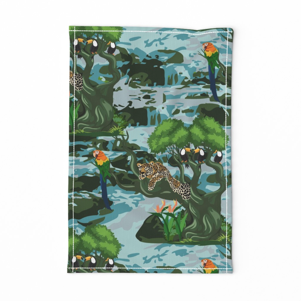 Tropical Rainforest with relaxed Leopard on tree, Macaw and Toucans