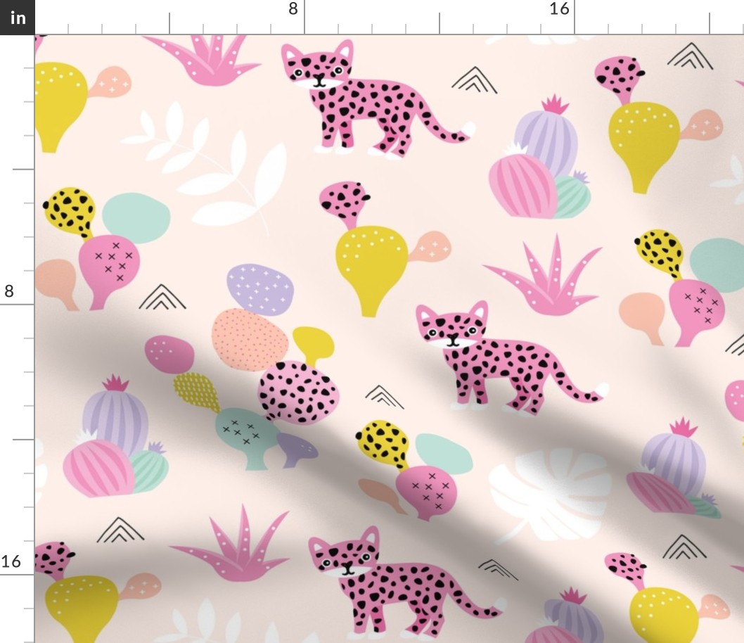 Colorful kawaii jungle leaves leopard wild animals and cactus garden baby girls pink lilac JUMBO