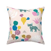 Colorful kawaii jungle leaves leopard wild animals and cactus garden baby girls blue JUMBO