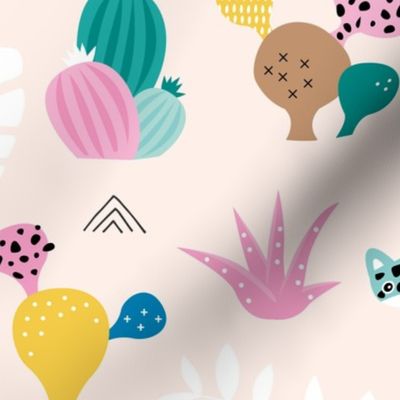 Colorful kawaii jungle leaves leopard wild animals and cactus garden baby girls blue JUMBO