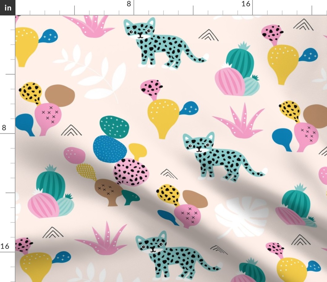 Colorful kawaii jungle leaves leopard wild animals and cactus garden baby girls blue JUMBO