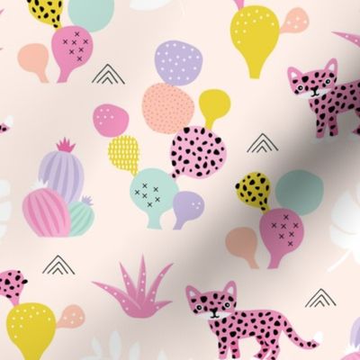 Colorful kawaii jungle leaves leopard wild animals and cactus garden baby girls pink lilac