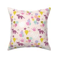 Colorful kawaii jungle leaves leopard wild animals and cactus garden baby girls pink lilac