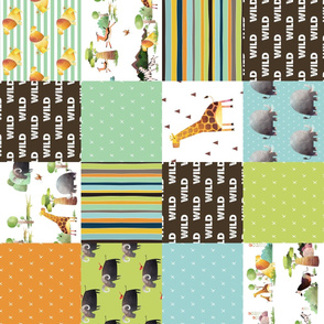 Safari Cheater Quilt – Wild Animals, Kids Bedding Blue Green Orange Brown ROTATED