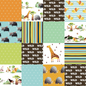 Wild Animals Patchwork –  African Animals Quilt, Kids Bedding Blue Green Orange Brown