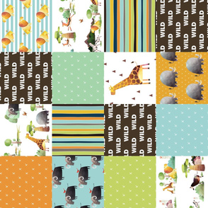 Wild Animals Patchwork –  African Animals Quilt, Kids Bedding Blue Green Orange Brown ROTATED