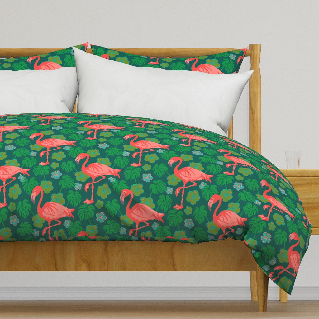 Pink Flamingoes ExoticTropical Birds Floral Monstera Hibiscus in Fuchsia Green Blue - UnBlink Studio Jackie Tahara