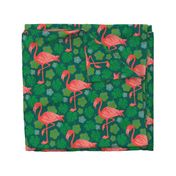 Pink Flamingoes ExoticTropical Birds Floral Monstera Hibiscus in Fuchsia Green Blue - UnBlink Studio Jackie Tahara